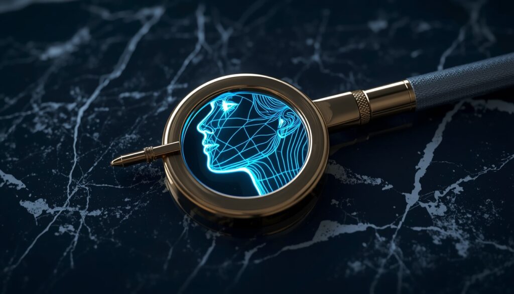 A gold surgical caliper framing a glowing cyan 3D digital facial profile, representing precision digital marketing strategies for plastic surgeons.
