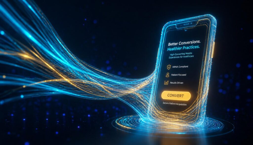 Fiber-optic light cables forming a glowing cyan and gold smartphone, visualizing high-converting mobile website design for plastic surgeons.