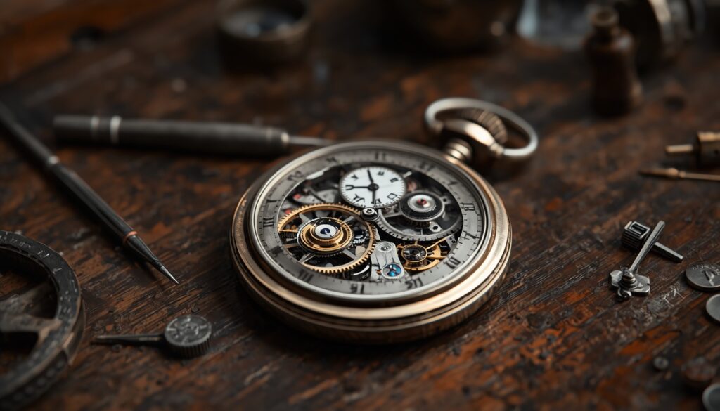 A disassembled pocket watch on a wooden workbench, visualizing the precision and structure of a successful regional SEO strategy.