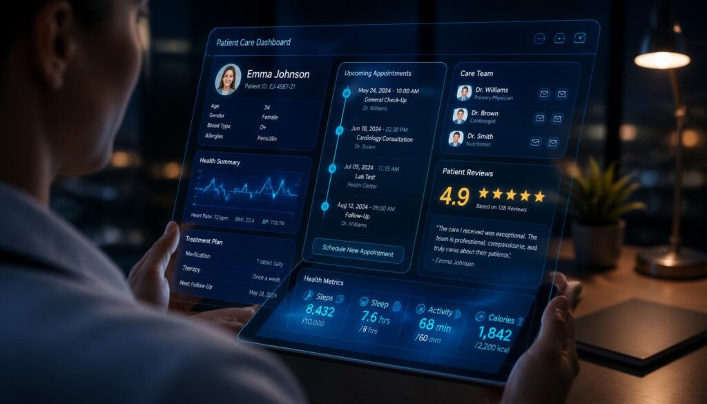 A medical professional reviewing a holographic dashboard displaying gold and cyan patient profiles and scheduling nodes, representing personalized care and website convenience for private practices.