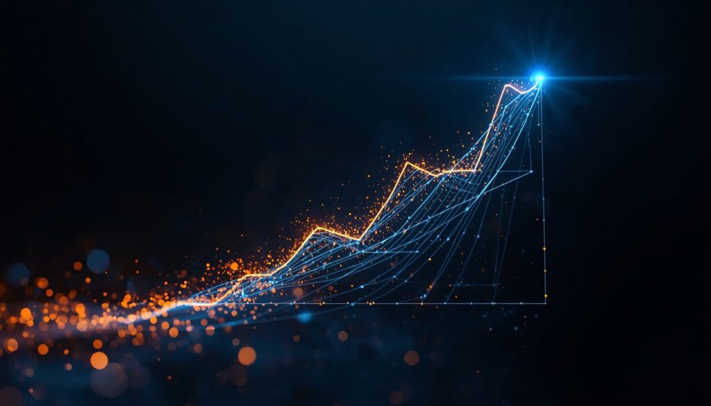 Abstract fiber-optic light trails forming an upward-trending cyan and gold analytics graph, visualizing website performance and patient conversion growth for private practices.