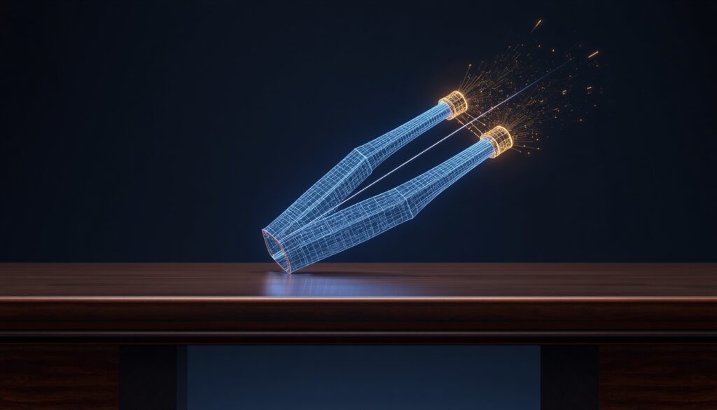 A 3D digital slingshot glowing with cyan and gold energy, representing private practices using website development to compete with large healthcare systems.