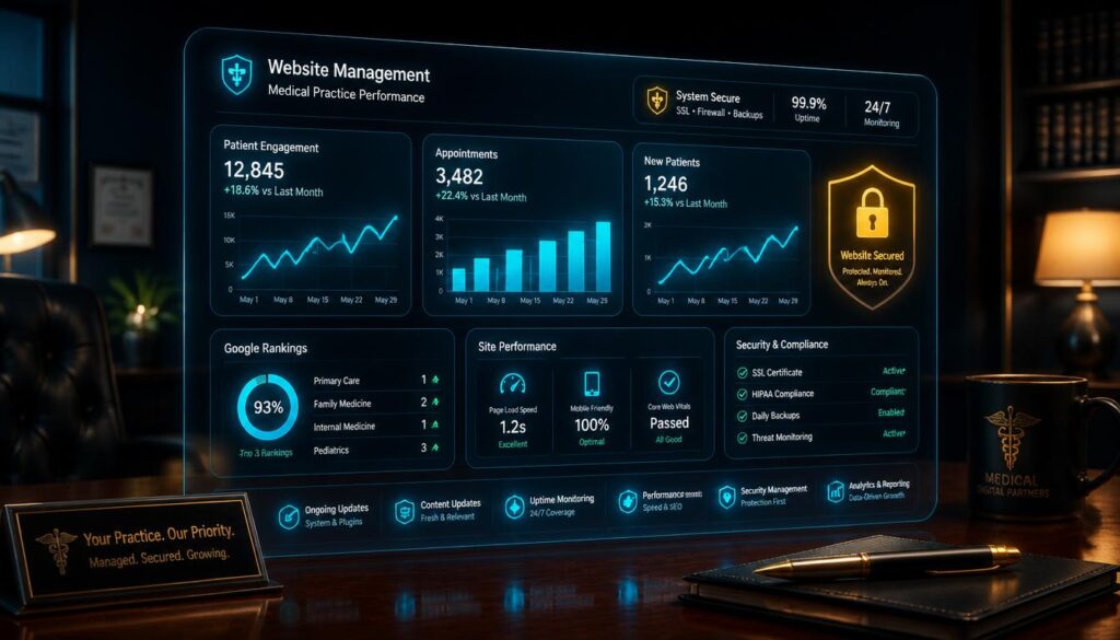 A 3D digital dashboard glowing with cyan analytics and gold shields, representing professional website management and security for medical practices.