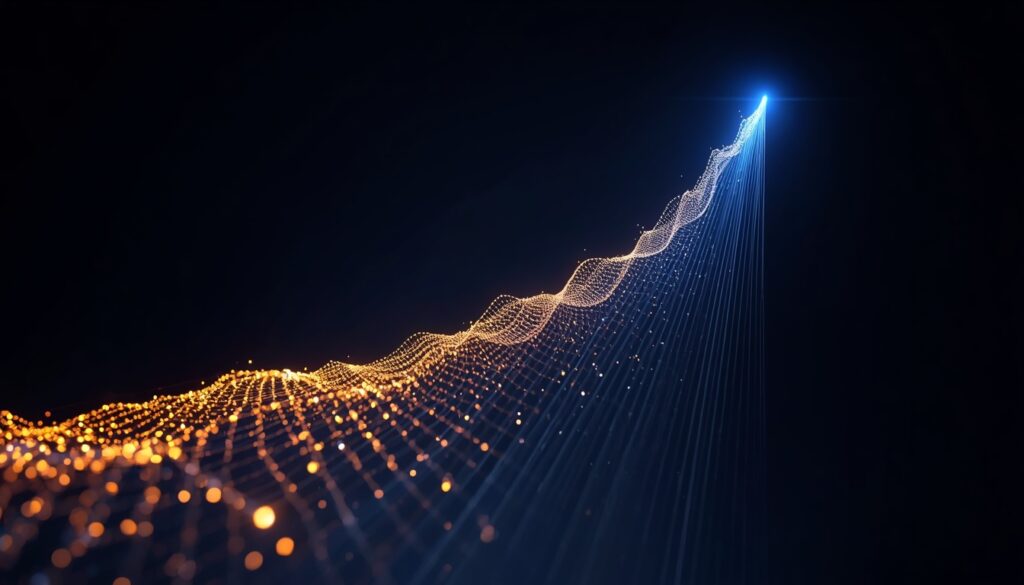 Abstract fiber-optic light trails forming an upward-trending cyan and gold analytics graph, visualizing content marketing performance and organic search growth for insurance companies.