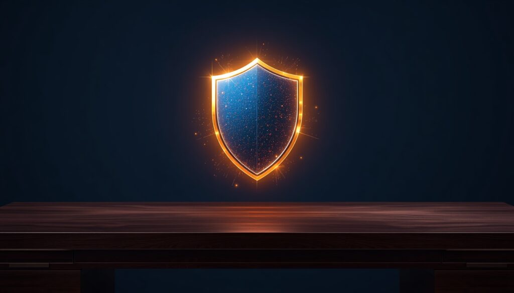 A 3D digital shield glowing with cyan and gold energy, representing trust and authority built through property insurance content marketing.