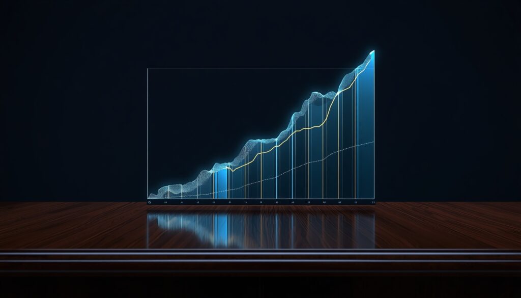 A 3D digital analytics graph showing a strong upward recovery trend in cyan and gold, representing organic traffic recovery for property insurance websites.