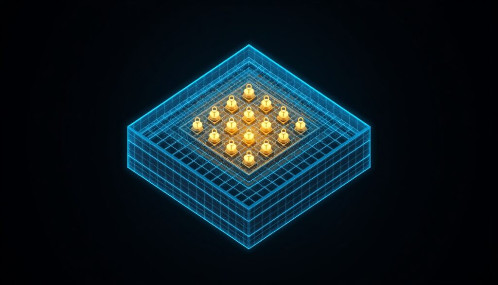 A 3D digital wireframe mapping resource centers and trust signals in cyan and gold, visualizing content architecture for property insurance websites.