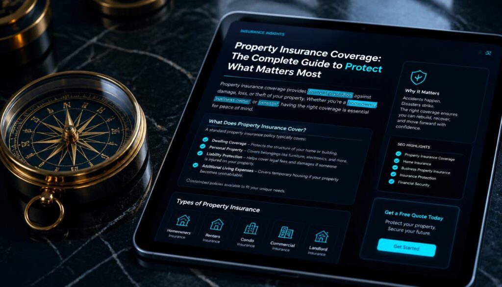 A digital tablet displaying an SEO-optimized educational blog post with glowing cyan highlights, symbolizing content marketing for property insurance brands.