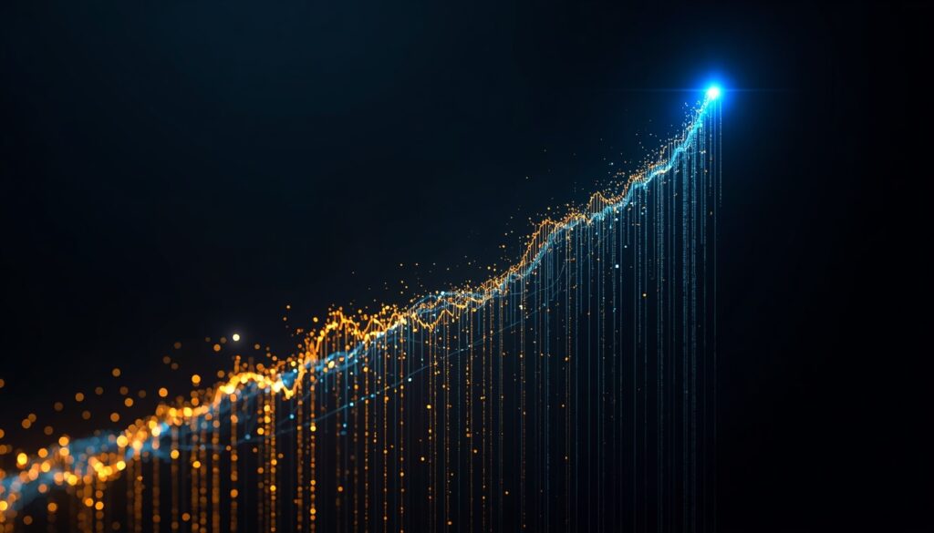 Abstract fiber-optic light trails forming an upward-trending cyan and gold analytics graph, visualizing long-term search authority and conversion growth for property insurance brands.