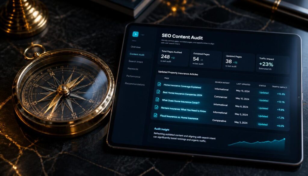 A digital tablet displaying an SEO content audit with glowing cyan highlights, symbolizing the refreshment of outdated property insurance content.