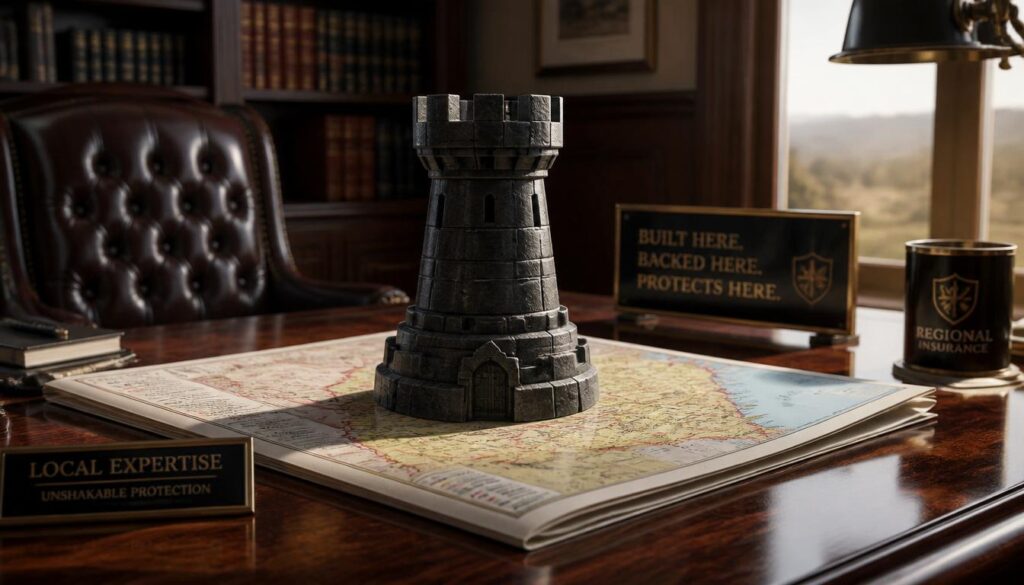 A dark stone rook chess piece resting on a state map, symbolizing regional topical authority and content clusters for auto insurance SEO.