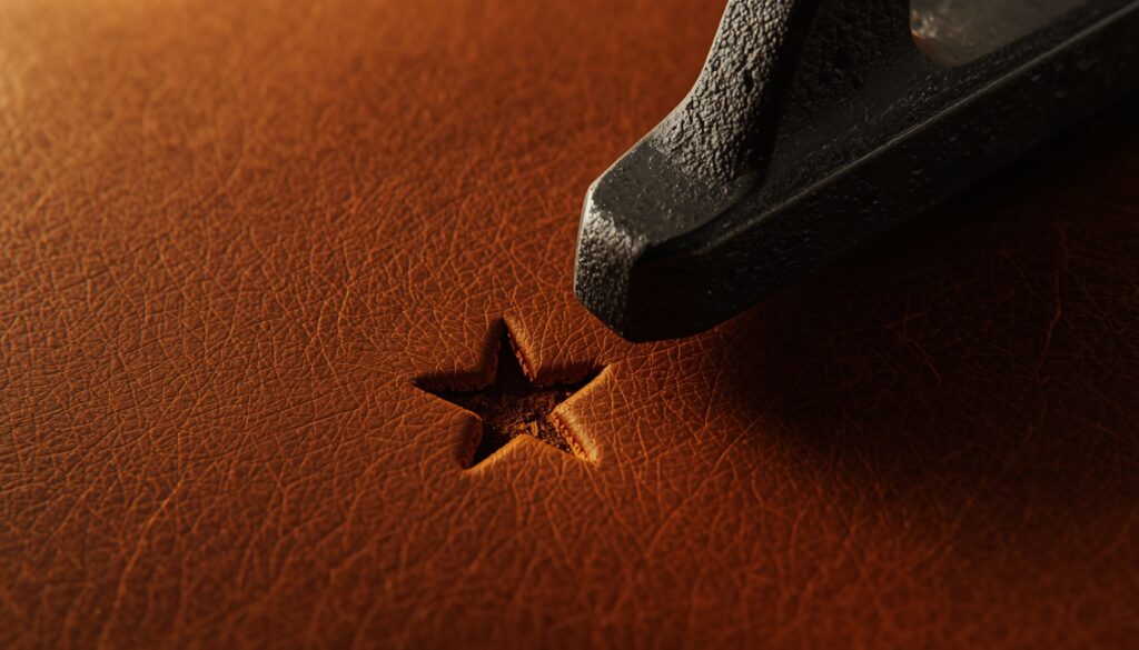 A heavy branding iron resting on thick leather, symbolizing local authority and regional SEO dominance for insurance agencies.