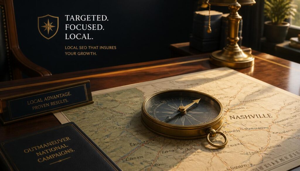 A classic brass compass resting on a regional roadmap, symbolizing highly targeted local SEO strategies for regional auto insurance agencies.
