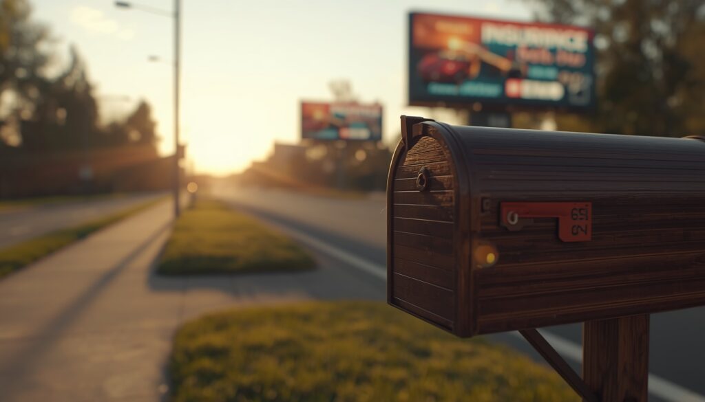A wooden mailbox with a single envelope in focus, with blurred expensive neon billboards in the background, symbolizing sustainable local SEO vs costly national PPC.
