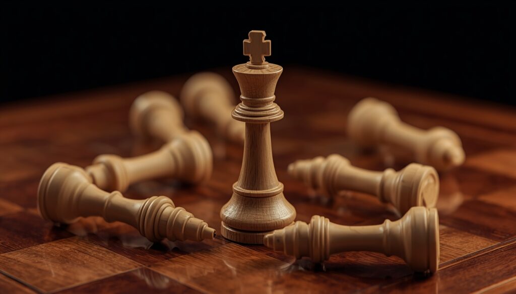 A wooden chess king standing over fallen plastic pieces, representing strategic SEO dominance over generic PPC campaigns.