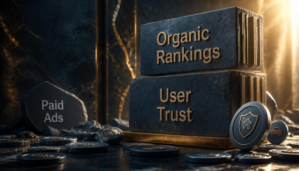 Stacked slate-blue architectural data blocks labeled "Organic Rankings" towering over scattered coins, visualizing long-term SEO durability for property insurance providers.