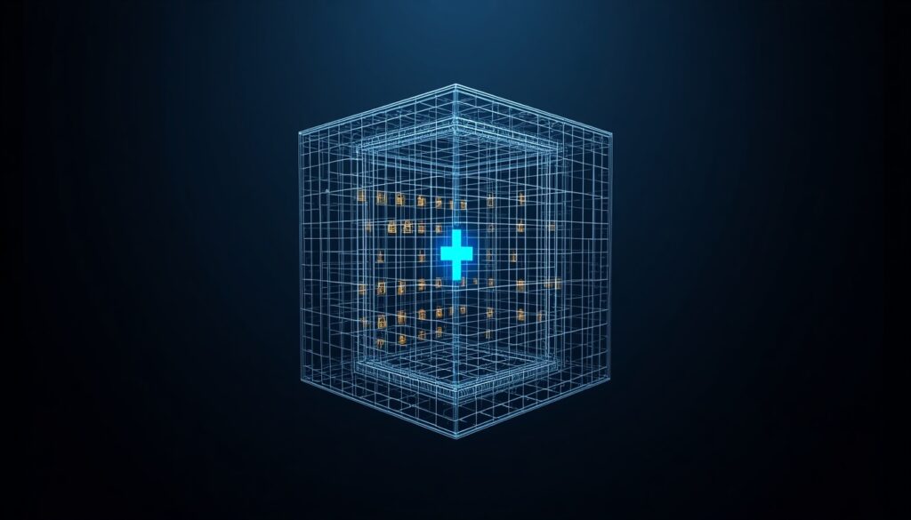 A 3D digital vault with gold data locks and a cyan medical cross, representing HIPAA-compliant features and cybersecurity for doctor websites.
