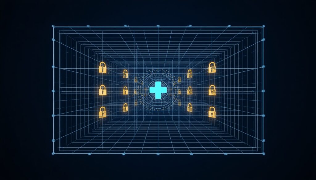 A 3D digital wireframe of a secure patient portal with gold data locks and a cyan medical cross, visualizing HIPAA compliance and data security.