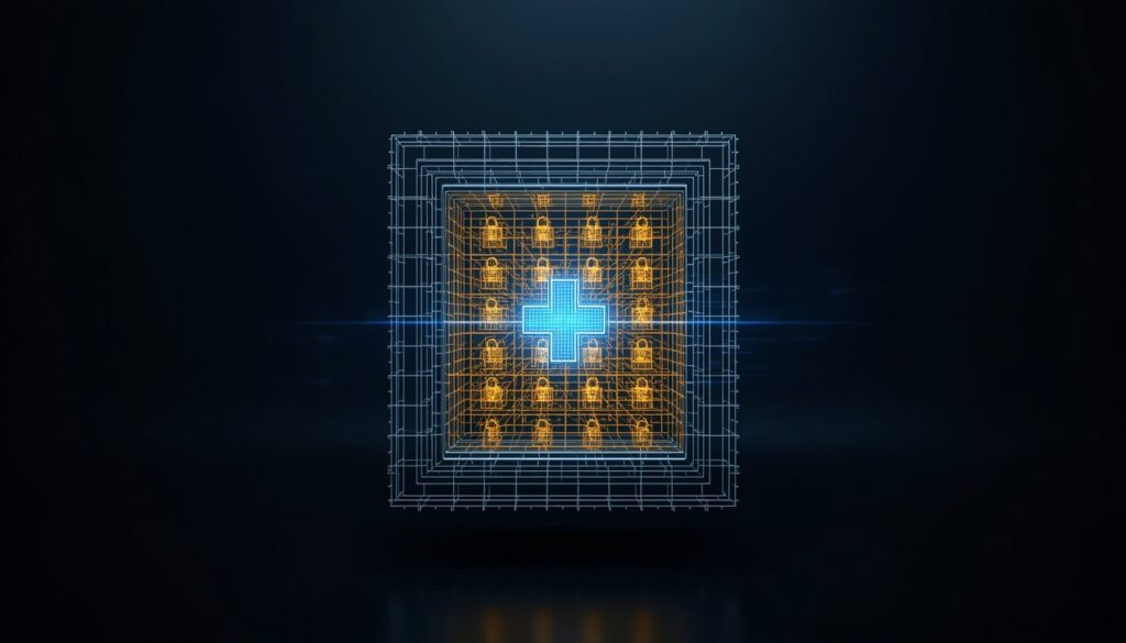 A 3D digital vault with gold data locks and a cyan medical cross, representing cybersecurity and secure website management for medical practices.