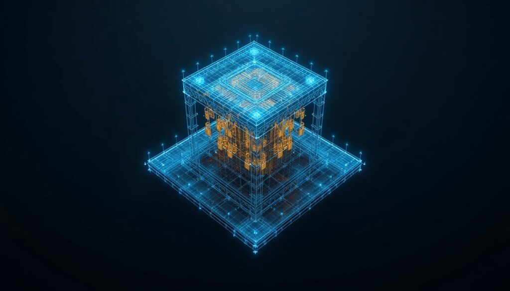 A 3D digital blueprint mapping SEO integration and internal linking nodes in cyan and gold, visualizing structured web design architecture for insurance websites.