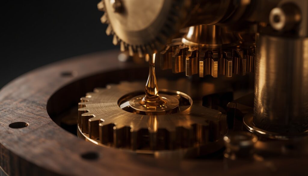 A drop of golden oil falling onto precision brass gears, representing smart technology and frictionless user experiences in web design.