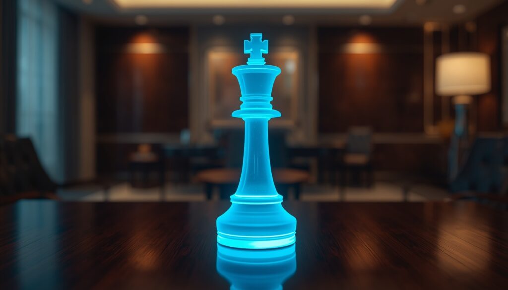A glowing chess king on a desk symbolizing strategic marketing success for solo attorneys.