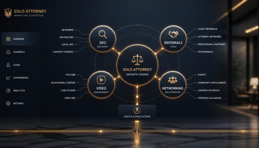 A digital ecosystem of interconnected nodes representing a solo attorney's marketing strategy.