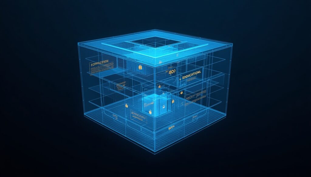 A 3D digital blueprint mapping targeted educational nodes in cyan and gold, visualizing content marketing authority for specialty clinics.
