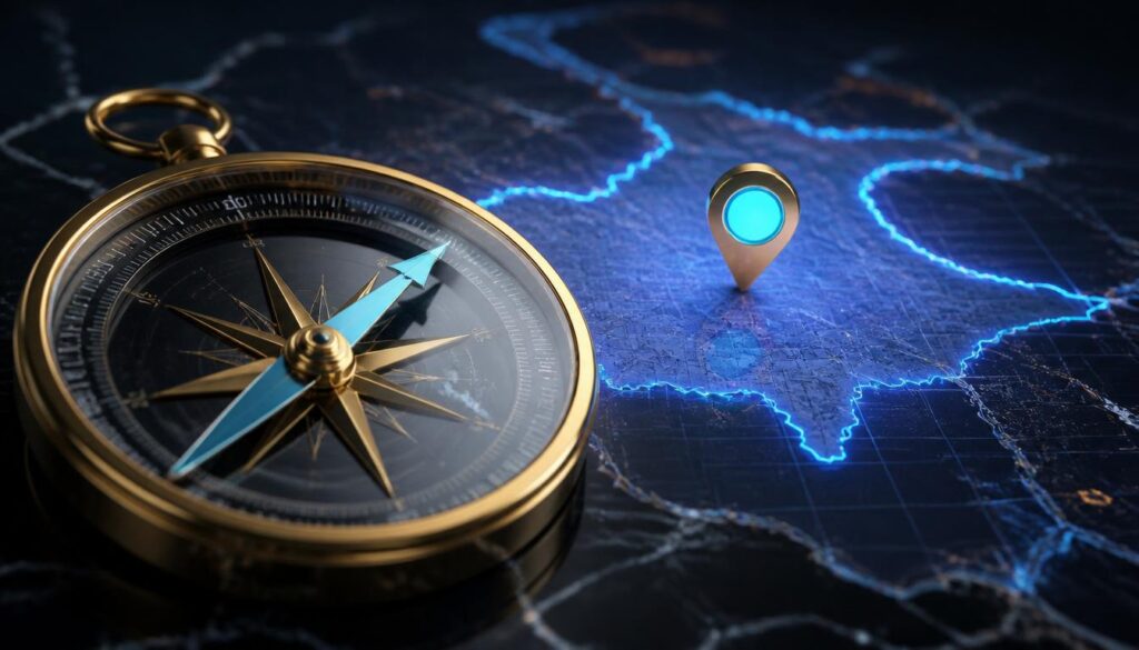 A gold compass pointing to a cyan map pin on a digital grid, symbolizing precise local SEO and targeted keywords for specialty clinics.