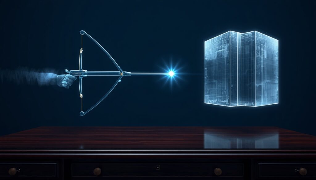A glowing digital slingshot aimed at a massive monolith, representing specialty clinics using agile SEO to beat large hospital systems online.