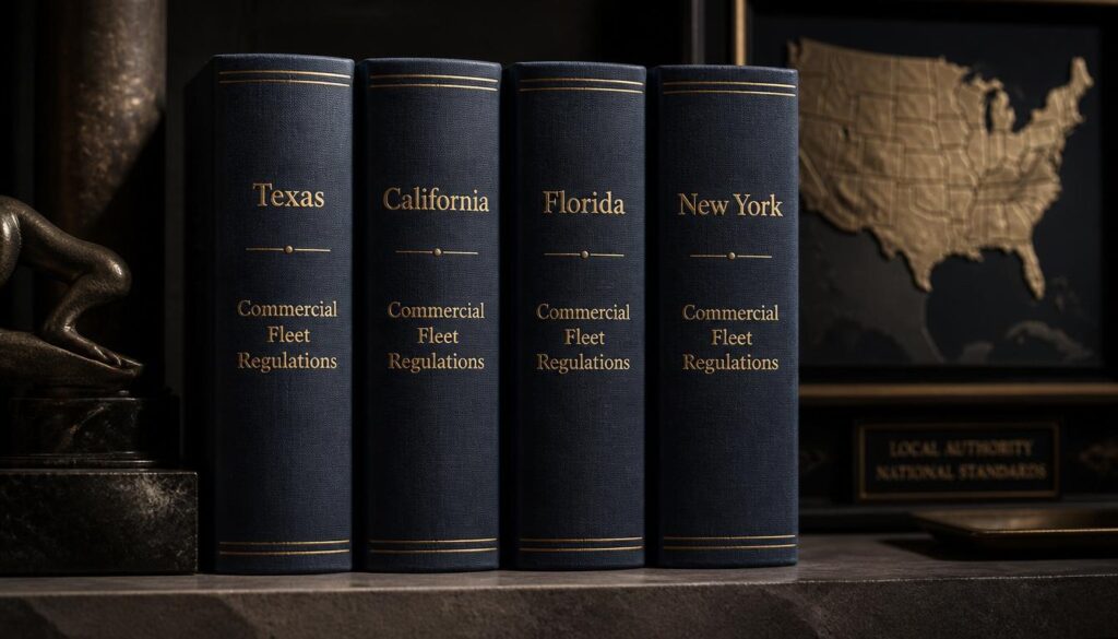 Four uniform state-stamped regulatory manuals standing on a stone shelf, visualizing state-specific compliance guides for commercial fleet insurance.