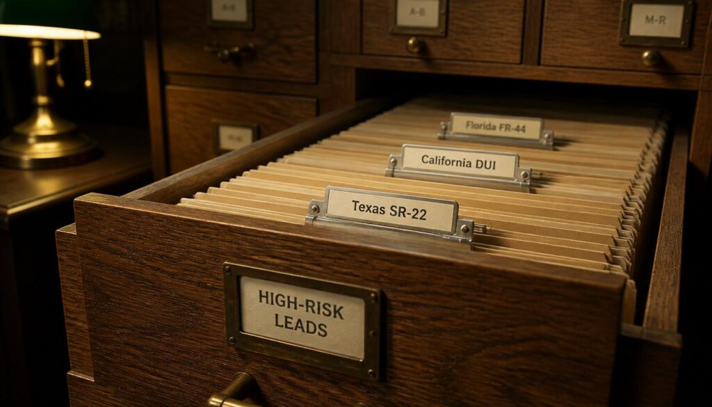 A wooden filing cabinet drawer with organized folders labeled by state and risk type, representing state-specific SEO landing pages.