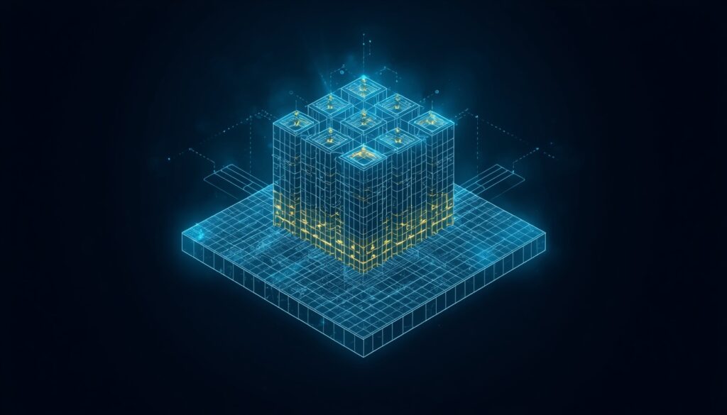 A 3D digital wireframe with glowing cyan nodes and gold data locks, representing structured data and E-E-A-T signals for home insurance websites.