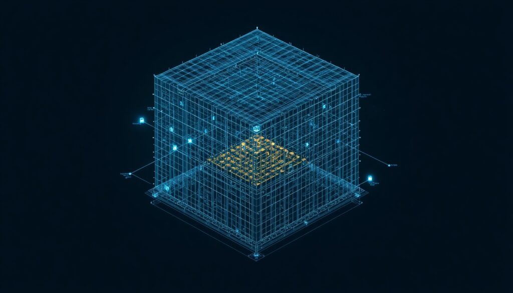 A 3D digital wireframe mapping structured data and schema markup in cyan and gold, visualizing website architecture optimized for Google AI Overviews.