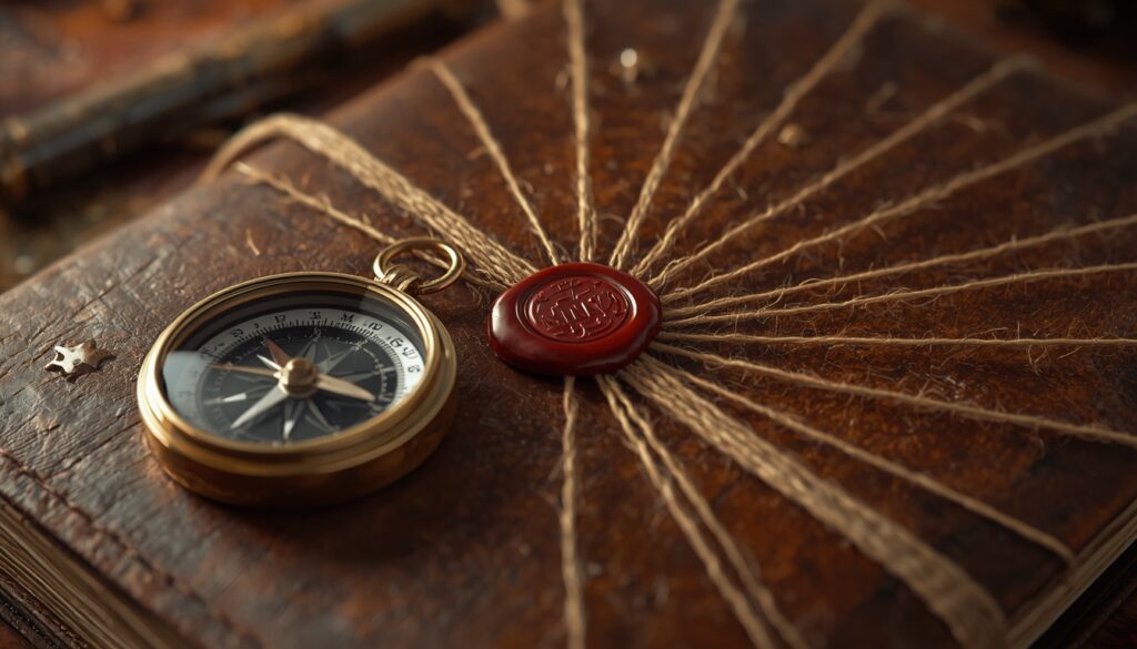 Linen threads connected by a wax seal on a journal, symbolizing the structured web of a content cluster strategy.