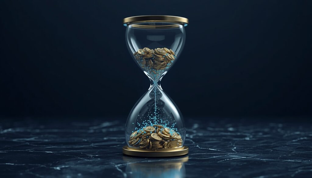 A conceptual digital hourglass converting gold ad spend into permanent cyan SEO authority nodes, representing sustainable healthcare marketing.