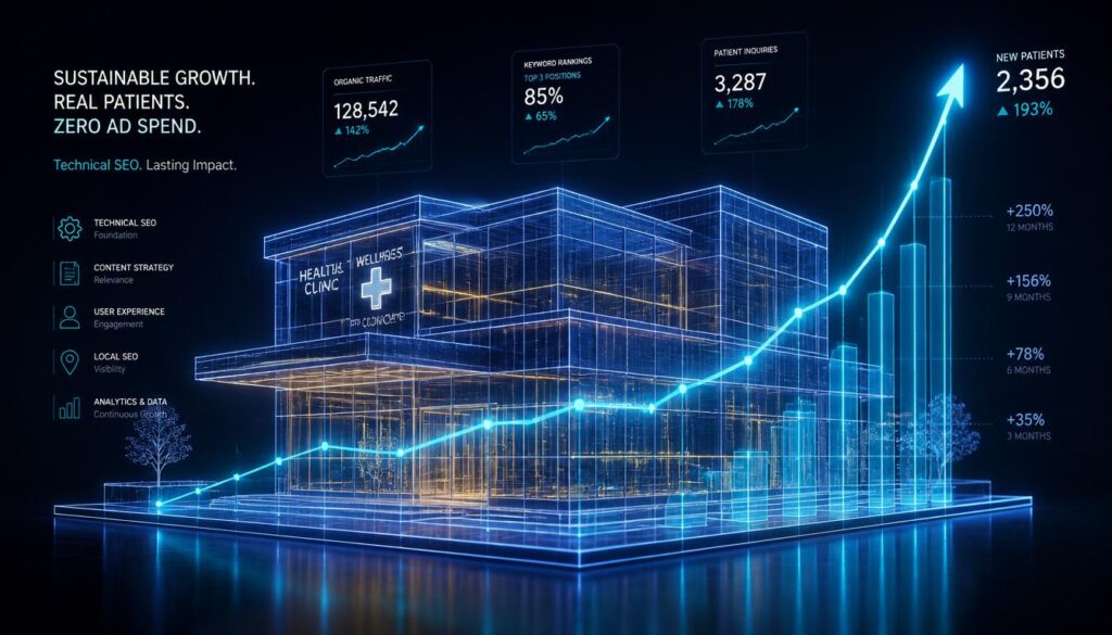 A glowing 3D wireframe of a medical clinic surrounded by an upward-trending cyan growth chart, representing sustainable SEO strategies for patient acquisition.