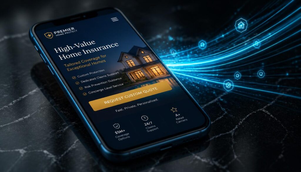 A smartphone displaying a targeted mobile landing page for high-value home insurance, visualizing specific search intent and lead generation.