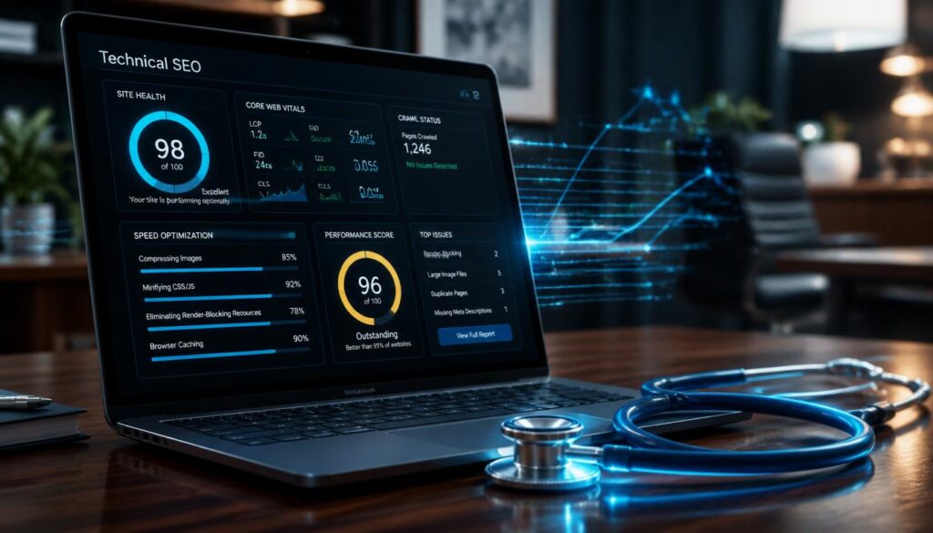 A laptop screen displaying technical SEO analytics, backlink networks, and speed metrics in cyan and gold, representing website authority.