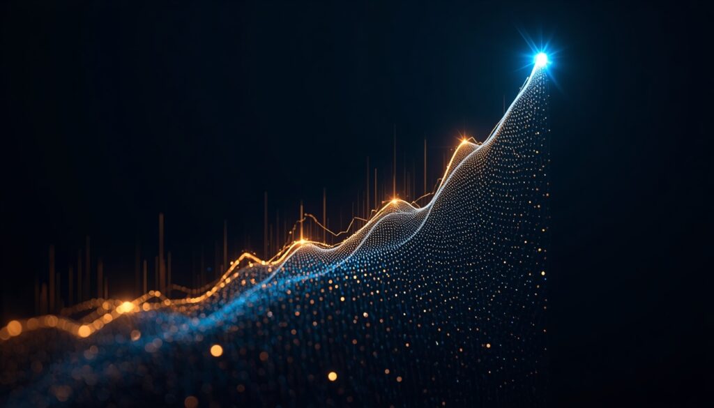 Abstract fiber-optic light trails forming an upward-trending cyan and gold analytics graph, visualizing technical SEO tracking and competitive market growth for insurance companies.