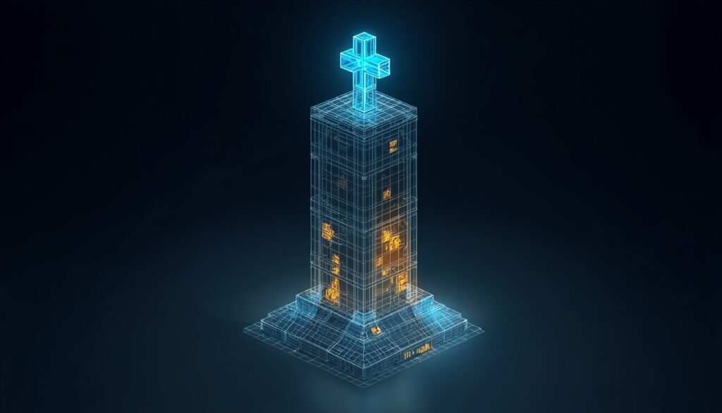 A 3D digital pillar built with gold blocks and a cyan medical cross, visualizing technical SEO and structured service pages for orthopedic websites.