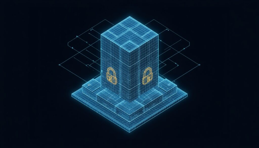 A 3D digital wireframe with glowing cyan nodes and gold data locks, representing technical SEO and schema markup for healthcare websites.