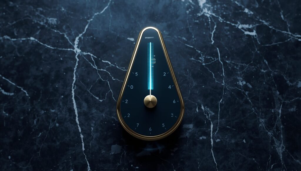A sleek gold and slate-blue metronome emitting a cyan pulse, representing precise technical website design and synchronized medical trust.