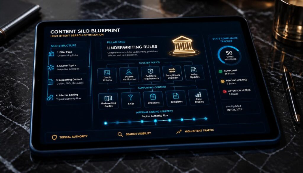 A digital tablet displaying a glowing cyan and gold content silo blueprint for auto insurance underwriting rules, visualizing high-intent SEO.