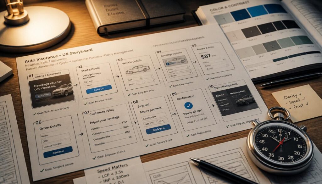 UX storyboards on heavy cardstock alongside a stopwatch and color swatch book, visualizing accessibility planning and speed optimization.