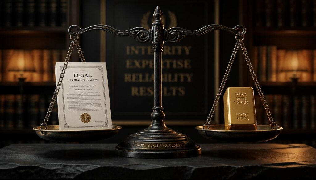 Antique iron scales perfectly balancing a legal document and a small gold bar, representing high-standard trust signals for financial and insurance websites.